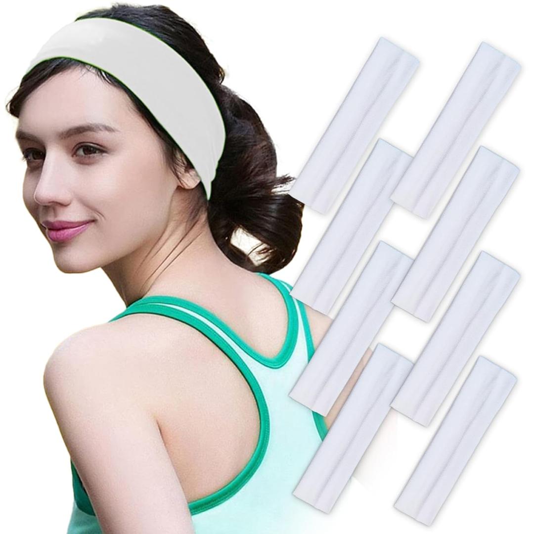 Headbands for Women Non Slip Elastic Sweat Hairbands Soft Fabric Hair Bands Workout Yoga Running Sport Thin Hair Wrap Hair Accessories 8 Pack White One Size