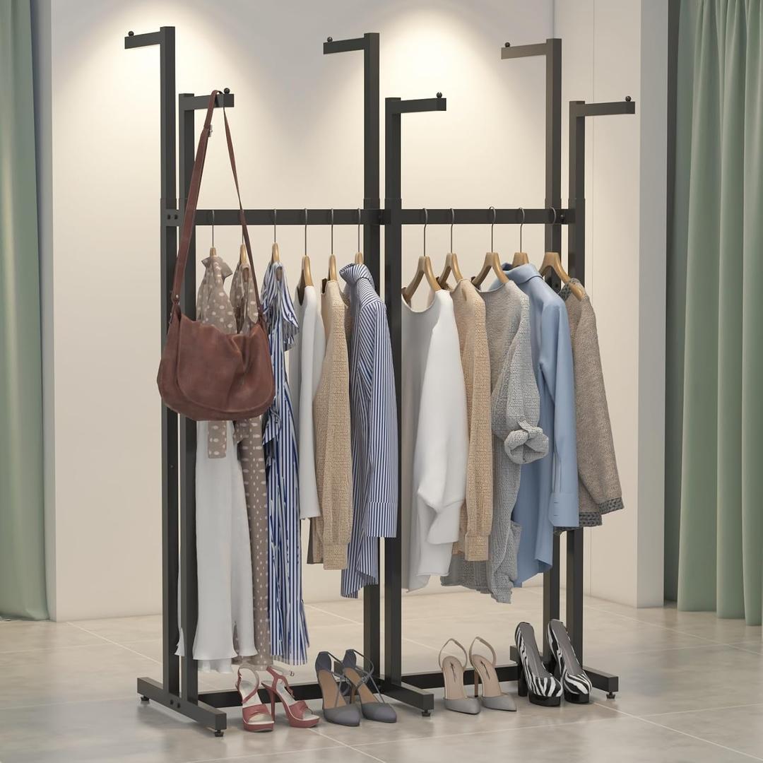 Black Clothes Rack with 6 Straight Arms, Metal Clothing Rack for Hanging Clothes, Freestanding Garment Rack Heavy Duty, 46" to 63" Adjustable Height Retail Clothing Rack for Boutiques Display