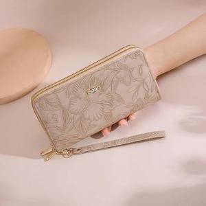 Generic Womens RFID Blocking Floral Zip Around Wallet, Large Capacity, Beige Wristlet