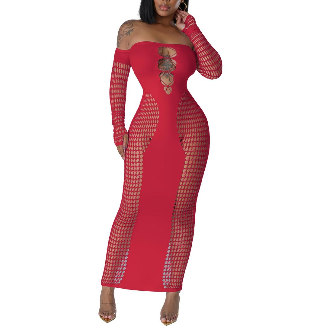 Women's Sexy Outfit Going Out Dresses Elegant Long Sleeve Mesh Bodycon Dress in White/Black, Club & Night Wear (Pink)