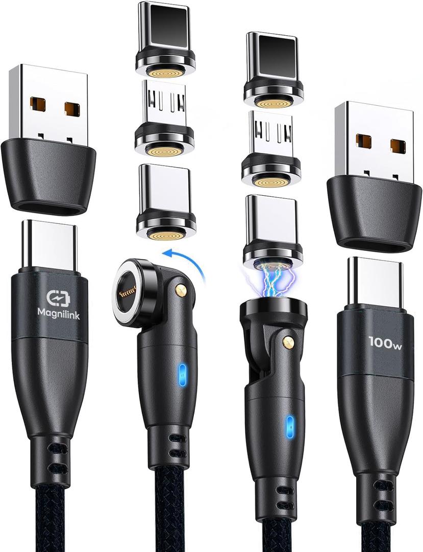 360 PRO 100W Magnetic USB C Phone Charger (Pack of 2) - 6 in 1 Magnet Charging Cable Fast Charging & Data - Works with i-Products, Type-C and Micro USB (Onyx Black)