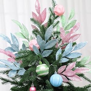 Janinka 24 Pcs Pastel Valentines Decor Leaf Picks 14" Tall Artificial Glitter Macaron Bay Leaf Sprays Pastel Candy Ornaments for Valentines Tree Decorations Tree Topper Vase Filler Holiday Decor