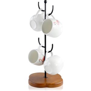 Coffee Mug Holder, Non-Slip 4 Hook Mug Rack, Metal & Wood, Modern & Elegant, Black, Countertop Organizer