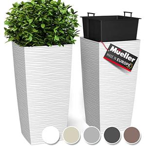 Mueller M-Resin Heavy Duty Tall Planter, Indoor/Outdoor Grande Plant, Tree, Flower Pot, 2-Piece Set, 27.5”, Modern Design, Built-in Drainage, White 6,5 Gallon