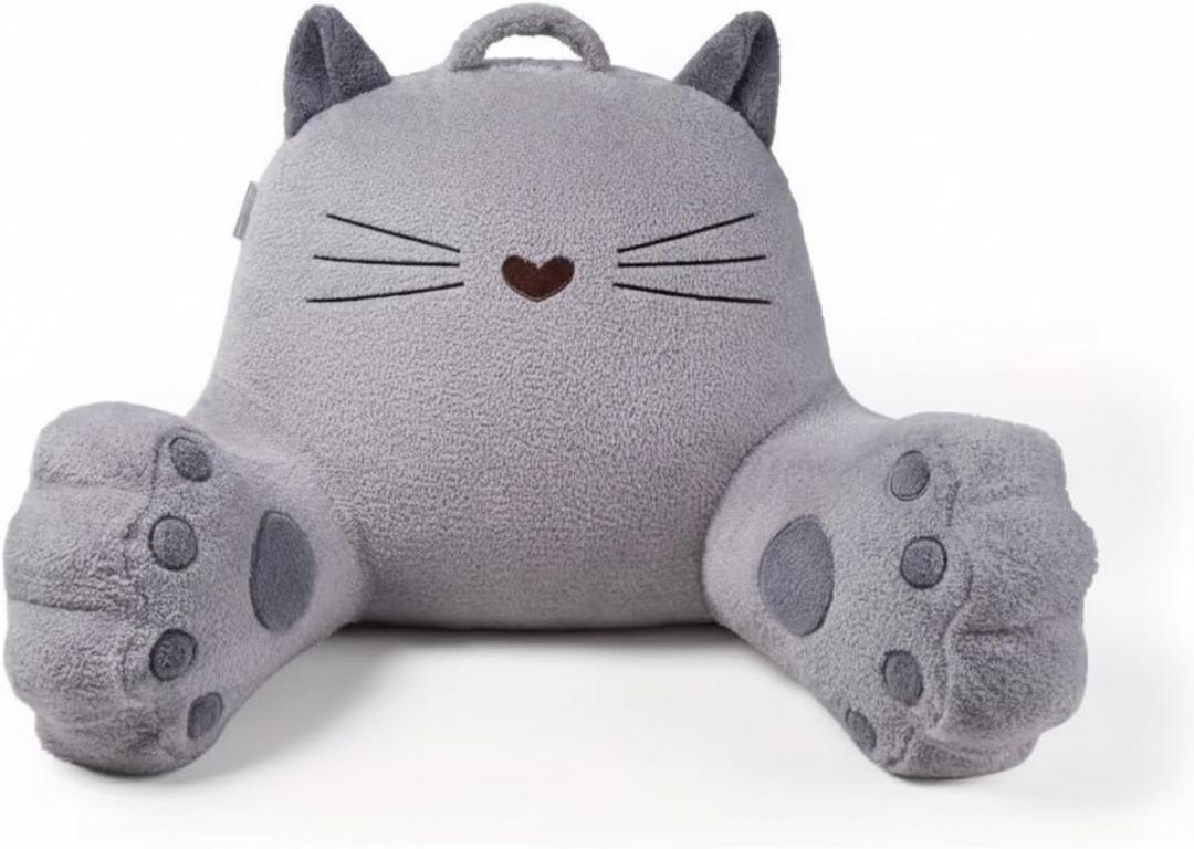 WURUS Pink Cat Backrest Reading Pillow – Cute Kawaii Bed Rest Pillow with Arms, Plush Supportive Lounge Pillow for Reading, Gaming & Relaxing – Soft Comfort for Kids, Teens & Adults (Gray)