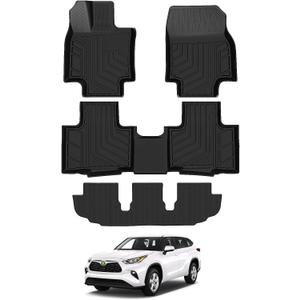 T TGBROS Floor Mats for 2020-2023 2024 2025 Toyota Highlander Accessories (W/2nd Row Bench or Bucket Seats w/Center Console) All Weather Floor Liners 3 Row Set TPE Non-Slip Black