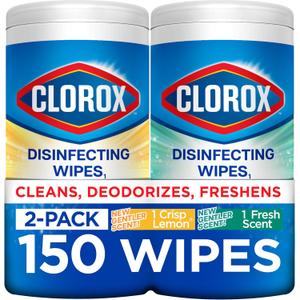 Clorox Disinfecting Cleaning Wipes for Spring Cleaning & Allergy Season, Bleach Free, Fresh Scent and Crisp Lemon, 75 Count Each, Pack of 2