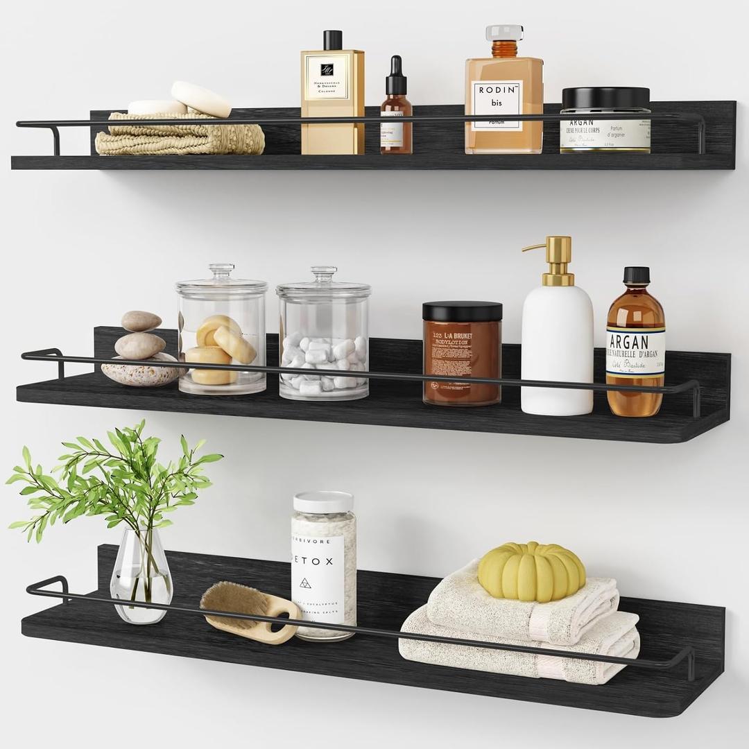 Forbena 24 Inch Wall Shelves for Bedroom 3-Pack, Black Floating Shelves with Rail, Vintage Large Floating Book Shelves for Bathroom Kitchen Living Room Office Decor Kids Room Legos Display (Black)