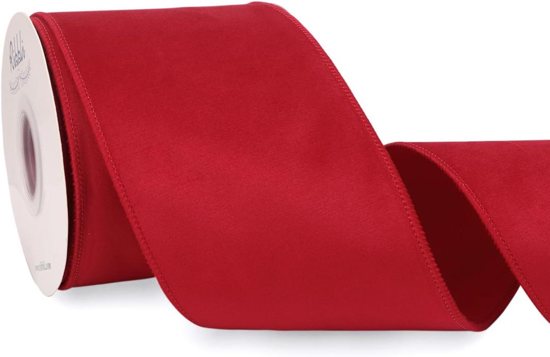 Ribbli Red Velvet Wired Ribbon with Dupioni 4 Inch Christmas Ribbon for Gift Wrapping Christmas Tree Decoration Crafts Wreaths Supplies-Continuous 10 Yards