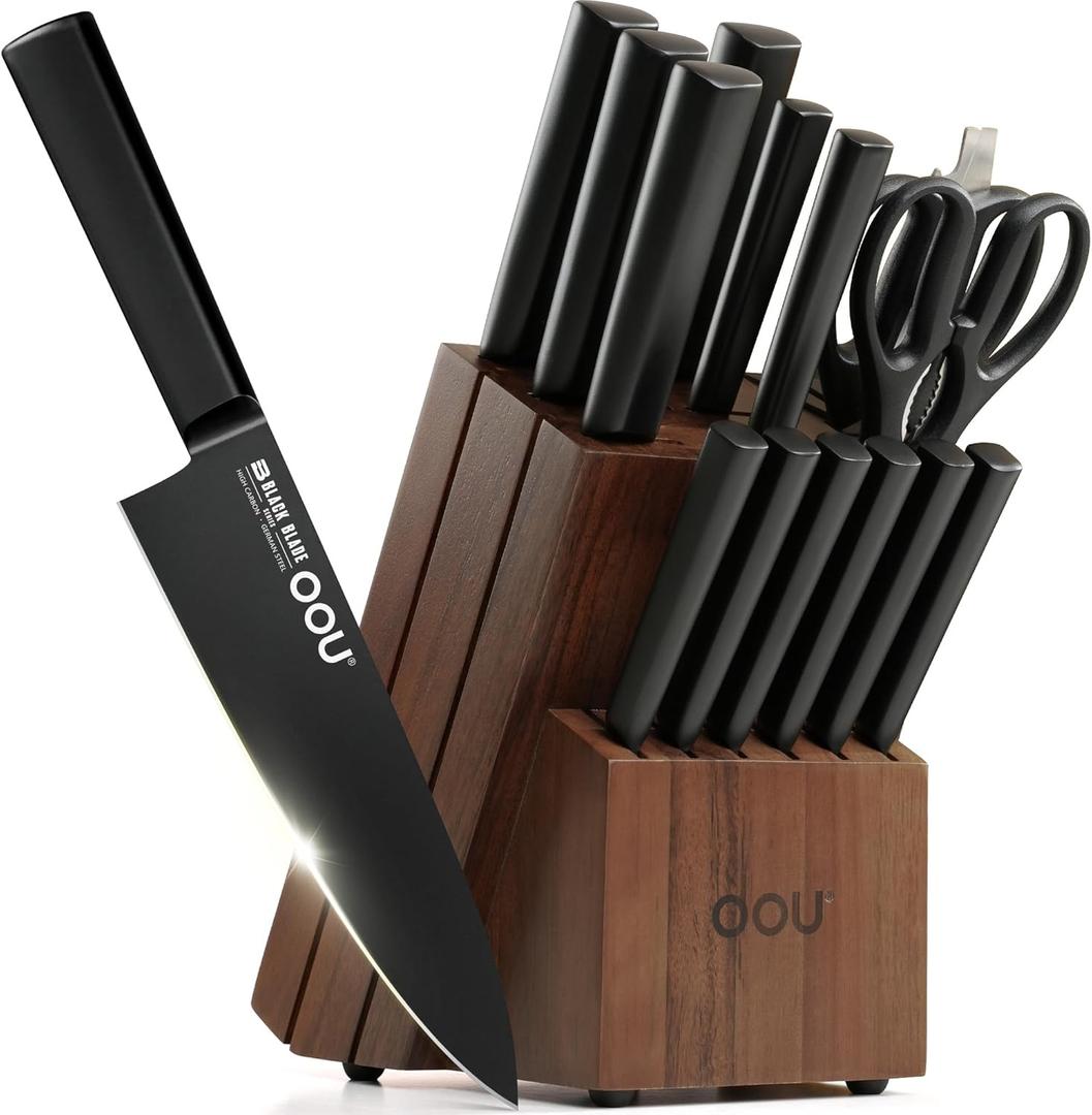 OOU Kitchen Knife Block Set - 15 Pieces High Carbon Stainless Steel Chef Knife Sets, Anti-Rust Black Knives Set with Built-in Sharpener Block, Brown
