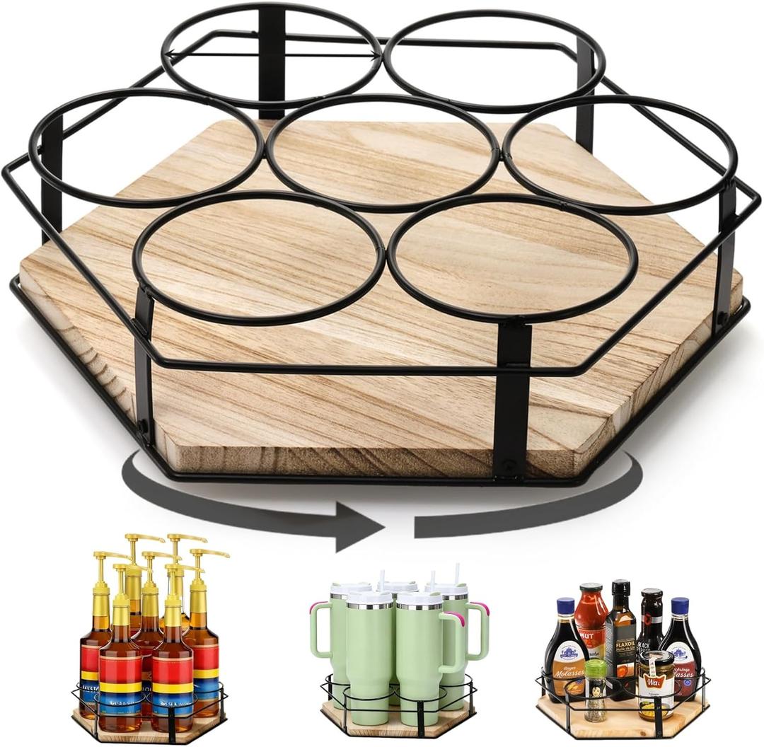 Rotating Coffee Syrup Organizer 7 Bottles, Coffee Syrup Rack Stand for Countertop, Tumbler Bottle Storage Holder, Turntable Display Lazy Susan Tray for Coffee Bar Station, Kitchen, Pantry