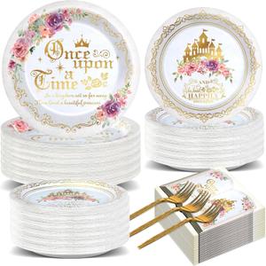 200PCS Fairytale Princess Plates and Napkins Once Upon a Time Party Tableware Set Plates for Wedding Girl Pink Floral Gold Castle Dinnerware for Birthday Party Baby Shower Decoration Supplies Serve 50