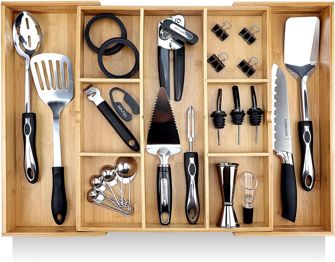 Expandable Drawer Organizers for Kitchen - Extra Deep Non-Slip 17 x 14.6 (expands up to 25 inches) - Dark Wooden Silverware Divider (10 Compartments)  Organize Cooking Utensils