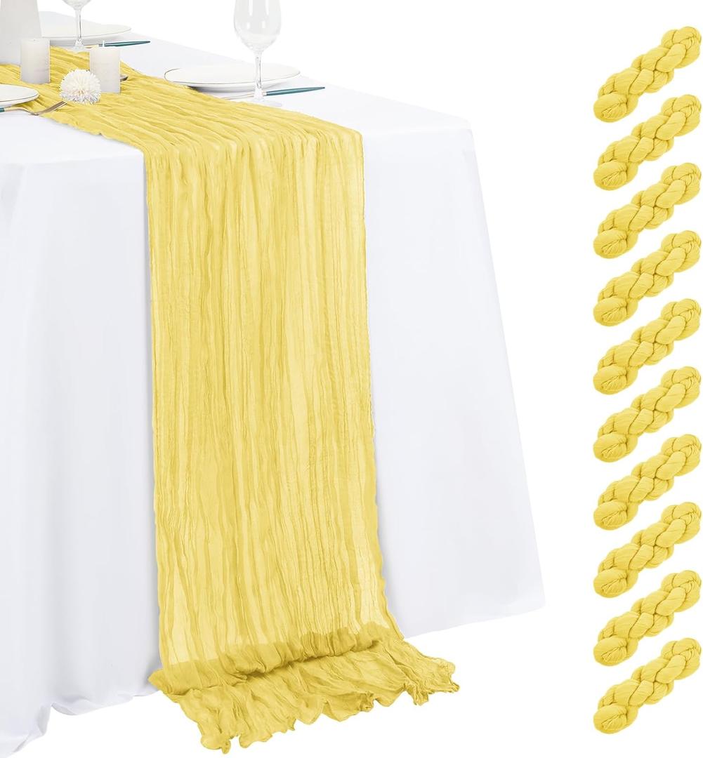 10 Pack Light Yellow Cheesecloth Table Runner 17x108 Inch Semi Sheer Boho Gauze Cheese Cloth Table Runners, for Wedding Bridal Shower Birthday Party Home Decor Garden Farmhouse
