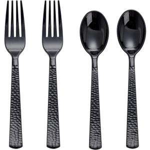 KIRE 400PCS Black Plastic Spoons and Forks Disposable - Black Plastic Silverware Set Disposable Cutlery - 200 Forks, 200 Spoons for New Year/Wedding