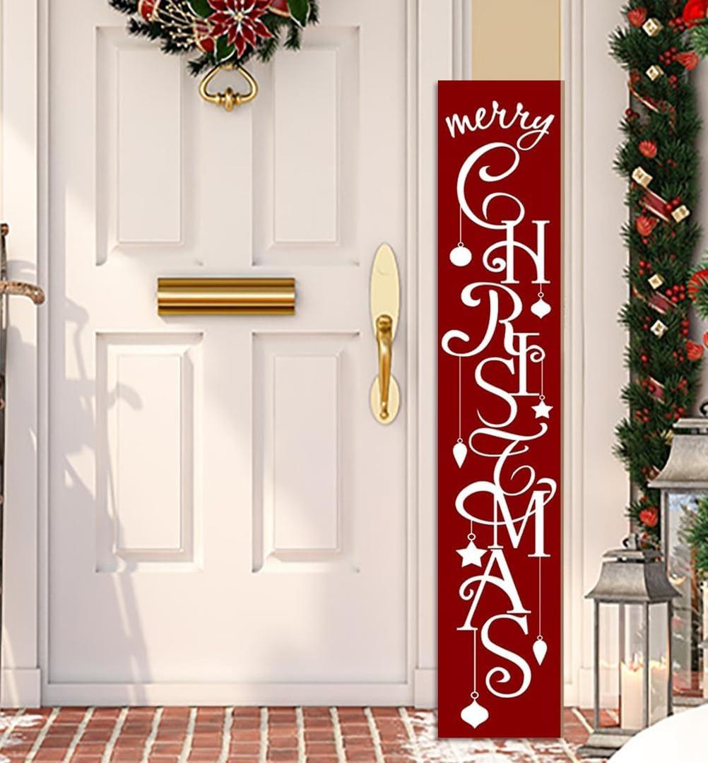 Merry Christmas Red with Star porch sign Welcome for Front Door Porch Deck Patio or Wall -Indoor and Outdoor Decorative Farmhouse Rustic Vertical Porch and Yard Decor - 7.8''x47.5''