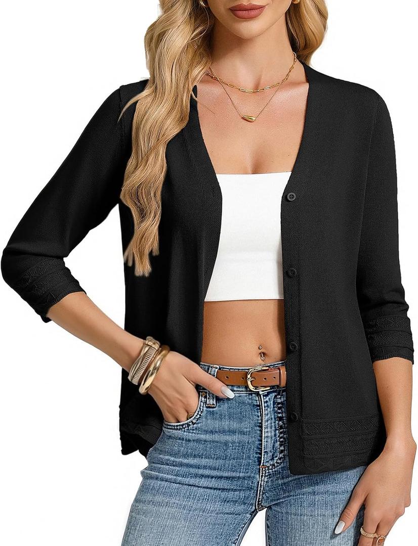 Gracew Karin Cardigan Sweaters for Women Casual 3/4 Sleeve Lightweight Cardigans 2026 Summer Spring Button Down Sweater Tops (Black, L)