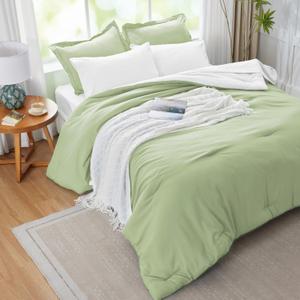 Queen Comforter Set Light Green Bedding Set, 7 Pieces Soft Bed in a Bag with Comforter, Sheets, Pillowcases & Shams, All Season Boho Queen Bed Set
