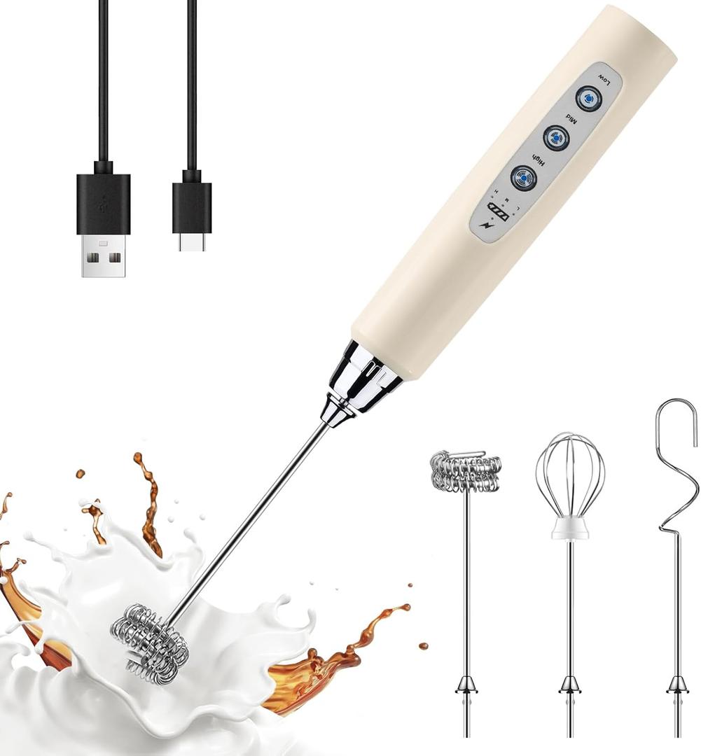 YUSWKO Beige Handheld Milk Frother Wand for Coffee, Rechargeable Electric Whisk with 3 Heads 3 Speeds Drink Mixer Coffee Frother For Latte, Cappuccino, Hot Chocolate, Egg YUSWKO Beige Handheld Milk Frother Wand for Coffee, Rechargeable Electric Whisk with 3 Heads 3 Speeds Drink Mixer Coffee Frother For Latte, Cappuccino, Hot Chocolate, Egg