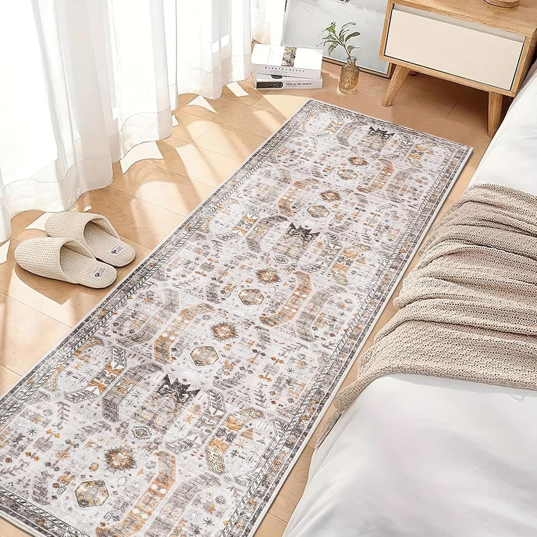 Madane Hallway Runner Rug - 2x5 Rug Runner Washable Runner Rugs Non-Slip Low-Pile Kitchen Runner Rug Laundry Room Rug Throw Carpet for Entrance Bedroom Living Room (2'x5', Brown/Gold)
