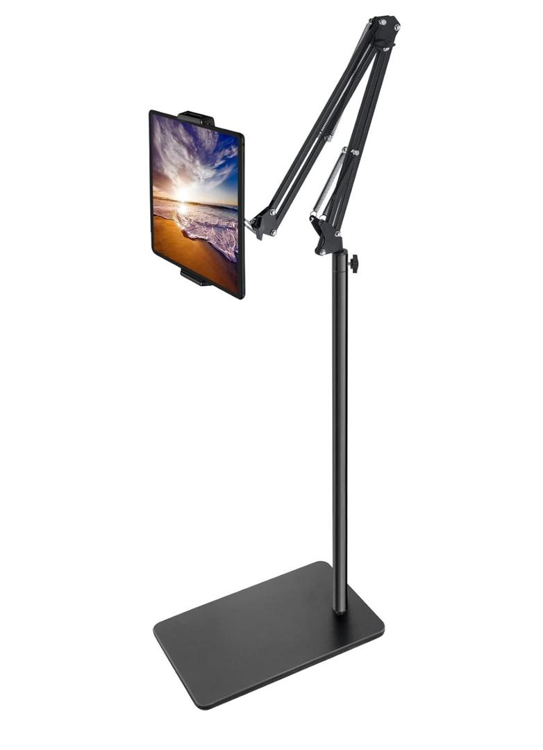 Tablet Floor Stand with Double Weight Base, Overhead Bed Phone Mount Height Adjustable Arm Stretchable Stand Holder, Compatible with iPad Mini Air Pro, Galaxy Tab, Kindle, Switch, Cell Phones, IPAD HOLDER MISSING