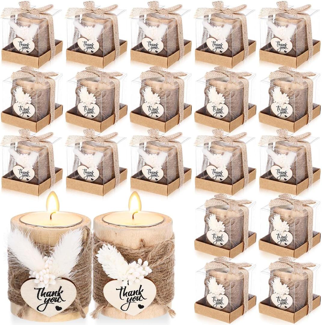 MTLEE 20 Sets Baptism Candle Favors for Guests Wooden Candle Holders with Tealight Candles Tags and Gift Boxes for Baptism Wedding Party Baby Shower Souvenirs (White1,Thank You)