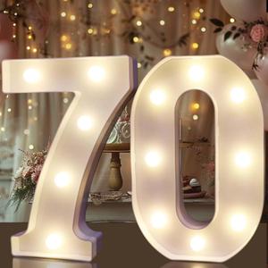 Pooqla Decorative LED Light Up Number Letters, White Plastic Marquee Number Lights Sign for 70th Birthday Party Wedding Decor, Battery Operated (70)