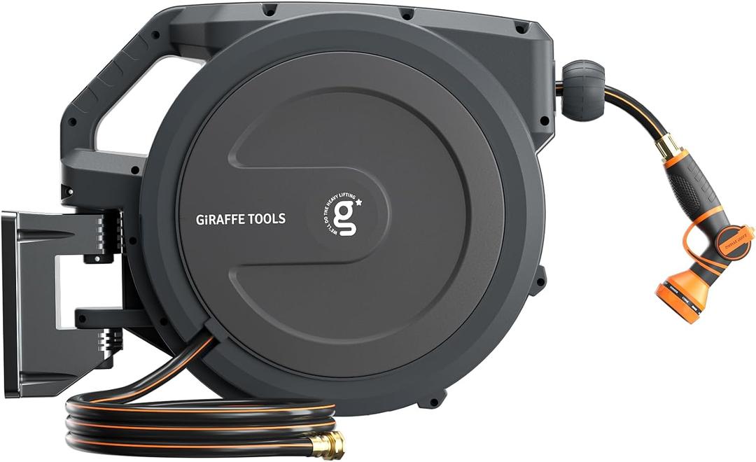 Giraffe Tools PRO Heavy Duty Retractable Garden Hose Reel - 78ft 1/2 Inch Auto Rewind with Any-Length Lock, Wall Mounted Metal Bracket, Commercial Grade for Patio & Lawn (Dark Grey)