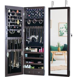 8 LED Lights Jewelry Armoire with Mirror - 47.3' H Cabinet Door Hanging/Wall Mounted Mirror With Storage And 2 Drawers - Brown
