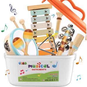 LOOIKOOS Baby Musical Instruments,Montessori Wooden Toys for Toddlers 1-3 Preschool Educational Neutral Colors Percussion Instruments Set with Modern Boho Xylophone for Kids