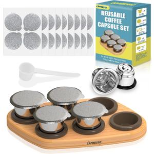 CAPMESSO Reusable Capsules for Nespresso OriginalLine, 6pcs Nespresso Refillable Pods Stainless Steel Coffee Pods Compatible with Nespresso Originaline Machine(6 Pods+100 Lids+ Wood Storage Tray)