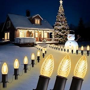 GAGALIFE 29Ft C9 Christmas Pathway Lights Outdoor - 25 LED Lights with 25 Marker Stakes for Walkway, Waterproof Plug in C9 Christmas Light Outdoor for Driveway, Yard, Lawn Decorations, Warm White