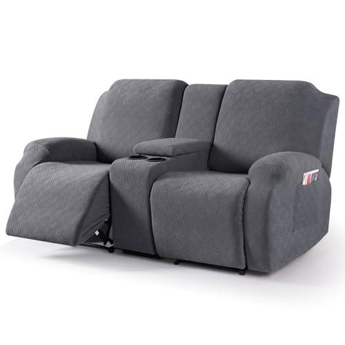 VANSOFY Recliner Loveseat Cover with Middle Console Stretch Reclining Sofa Slipcover for 2 Seat Jacquard Reclining Couch Sofa Covers Furniture Protector with Elastic Straps Bottom , Dark Gray