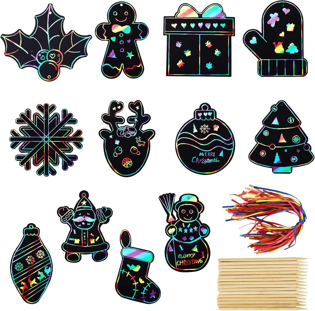 96pcs Christmas Scratch Papers, Christmas Magic Scratch Cards Ornaments Christmas Tree Snowman Scratch Creative DIY Hanging Craft Art Kits for Classroom Tree Decor (Style A)