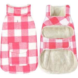 Malier Classic Plaid Fleece Dog Coat - Warm Winter Jacket with Pocket, Windproof - Pink, Small