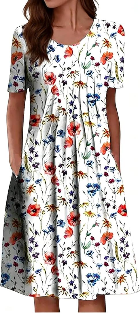 LOVESHOOT Womens Summer Midi Dress 2026 Casual Short Sleeve A Line Dress with Pockets Evening Wedding Guest Work (White, XXL)