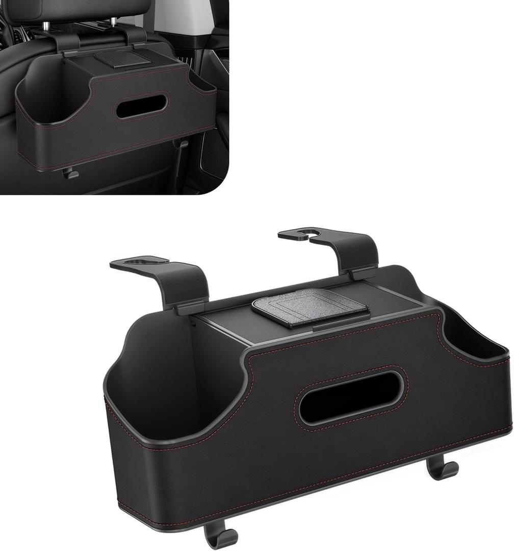 1 PC Car Seat Back Organizer, Car Back Seat Multi-Function Storage Box with 2 Drink Cup Holders, 11.42" x 3.35" Leather Tissue Organizer, Universal for Most Cars, Trucks, SUVs (Black)