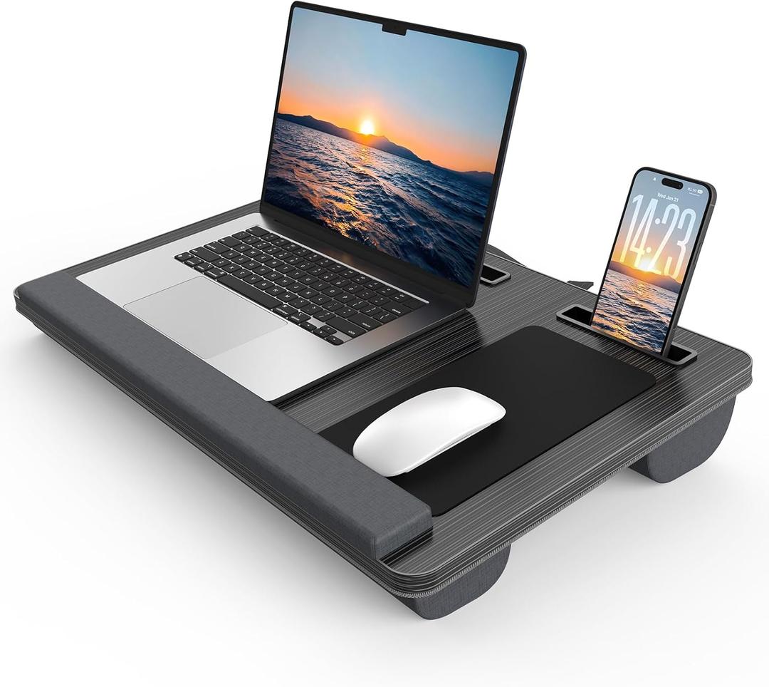 HETTHI Lap Desk with Cushion, Large Laptop Besk Bed, Up to 17" Laptop Tray for Bed with Wrist Rest, 2 Self-Adhesive Mouse Pads, Portable Handle, Tablet Phone Slot (Black)