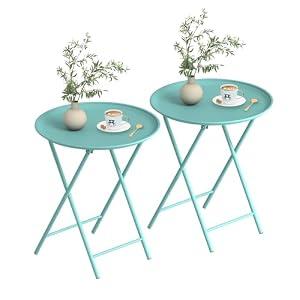 Garden 4 you Folding TV Tray Table, Metal Round Side Table, Green Dinner Table with Metal Frame, Modern Outdoor Tray Table for Living Room, Bedroom, Patio & Small Spaces, 2 Packs