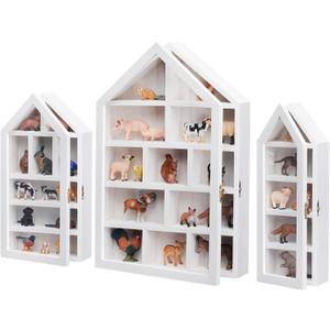 DoubleFill Set of 3 Wooden Trinket Display Shelf Shadow Box with Shelves 10 x 15 Inch Large Wall Mounted Display Storage Mini Figures Curio Trinket Medals Crafts Collections(White,House Shape)