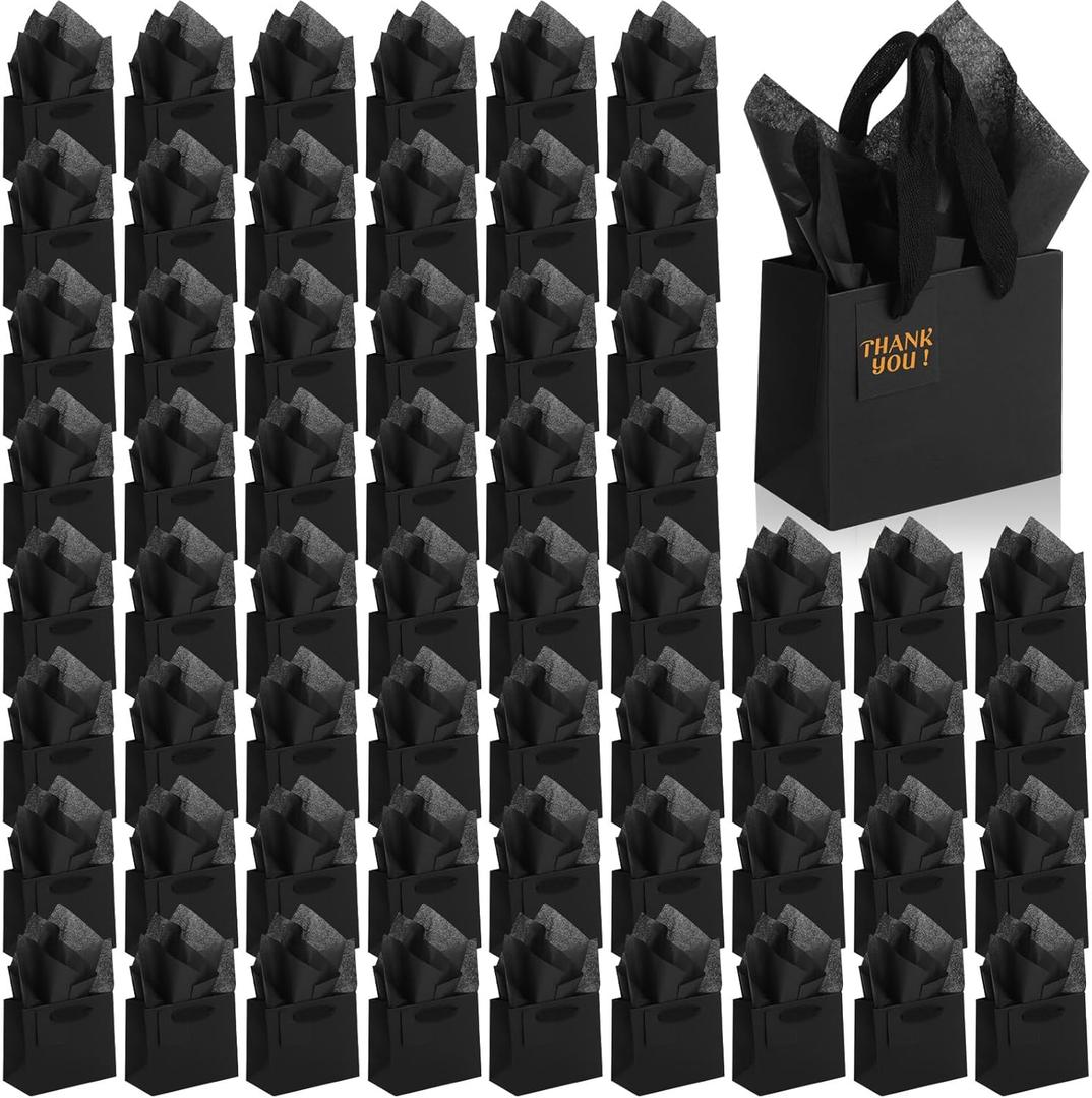 Qilery 50 Pcs St Patricks Paper Gift Bags Bulk with Tissue Paper Small Gift Bags with Handle and Tags for Birthday Wedding Mothers' Day Party Business(Black,4.7 x 2.4 x 3.9'')