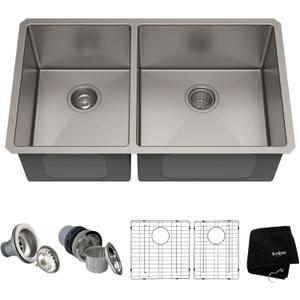 KRAUS Standart Pro 33 -inch Undermount 60/40 Double Bowl 16 Gauge Stainless Steel Kitchen Sink, KHU104-33