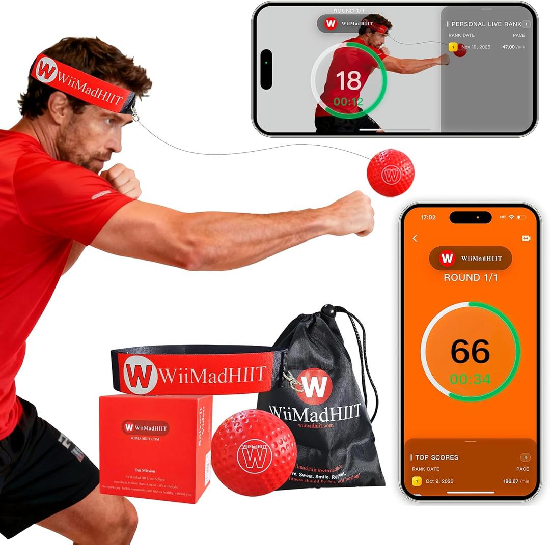Boxing Reflex Ball with Punch Counter App, Fun Punch Game with Headband, Hand Eye Coordination Training | Boxing Equipment, Fitness Gift Ideas for Teen Boys and Anyone into MMA Training (Red)