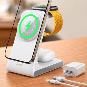 JOYROOM 3-in-1 Wireless Charging Station, Wireless Phone Charger Stand Compatible with Magsafe Charger, 15W Charging Station for Multiple Devices for iPhone 16, 15, 14, 13, Apple Watch, AirPods (White)