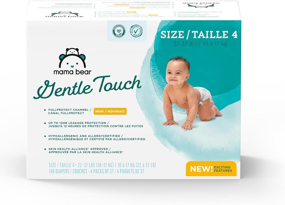 Amazon Brand - Mama Bear Gentle Touch Diapers, Size 4, 148 Count (4 packs of 37)