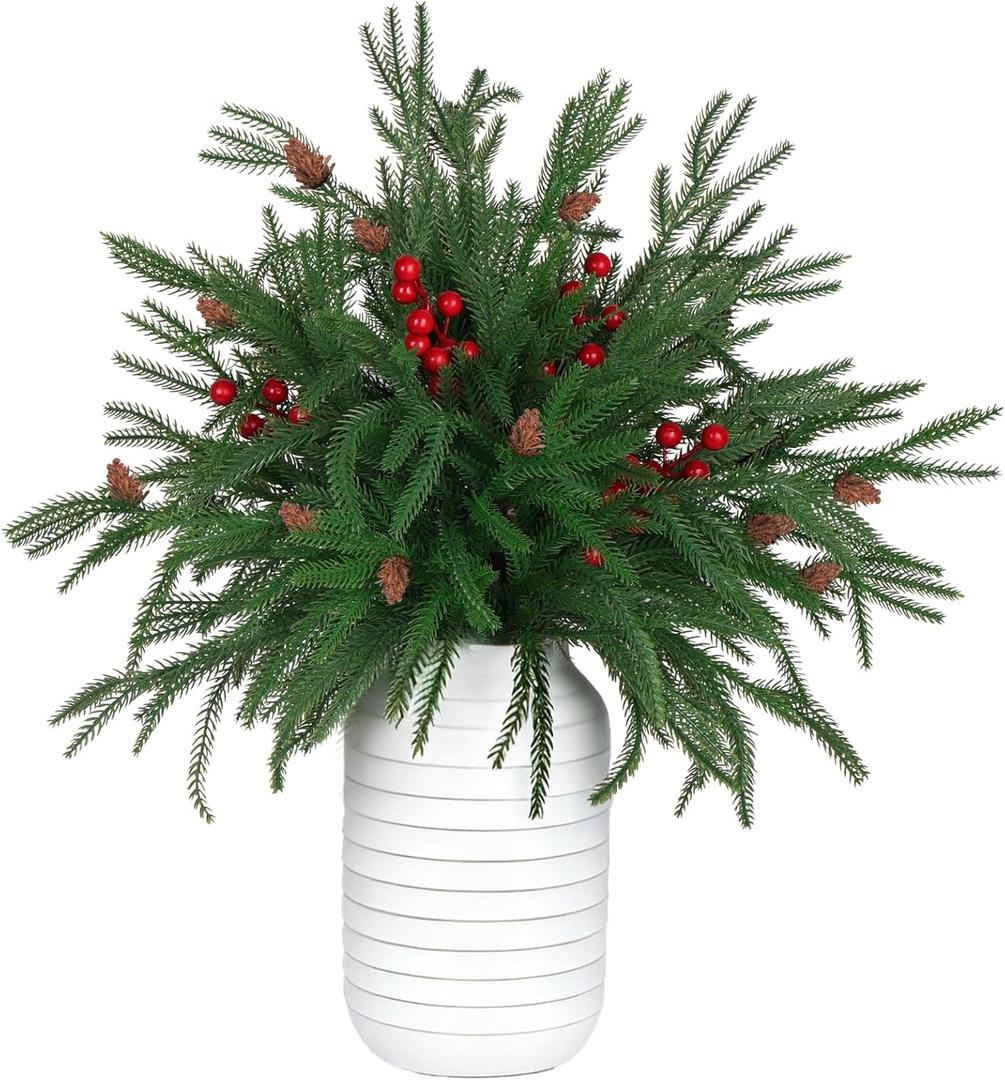 Abzo 30Pcs Christmas Norfolk Pine Branches 18 Inch Artificial Norfolk Pine Stems Realistic Artificial Green Pine Stems Christmas Decor DIY Crafts Garland Wreath Holiday Accessories