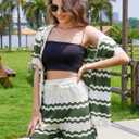 Moreone 2 Piece Lounge Set Women Short Sleeve Striped Crochet Knit Sets Two Piece Button Up Pajamas with Drawstring Shorts (Green, S)