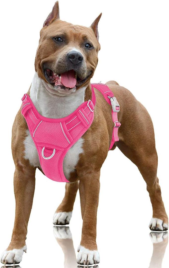 BARKBAY No Pull Dog Harness Large Reflective Dog Harness with Front Clip and Easy Control Handle for Walking Training Running with ID tag Pocket(Pink, L)