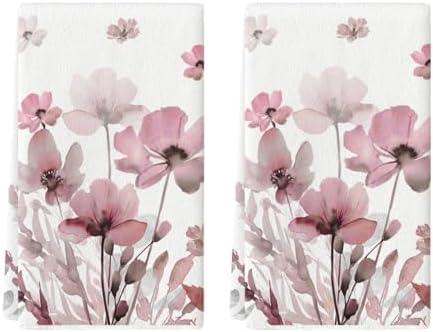 Artoid Mode Pink Poppy Floral Leaves Spring Kitchen Towels Dish Towels, 18x26 Inch Farmhouse Summer Decoration Hand Towels Set of 2