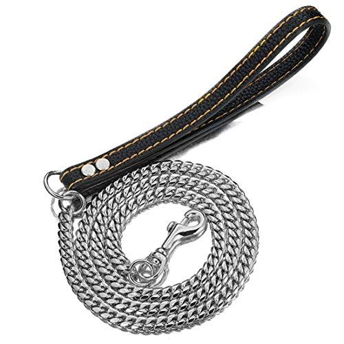 Aiyidi Heavy Duty Stainless Steel Dog Chain Leash, 5FT Cuban Link Metal Dog Leashes, for Large Medium Small Dogs, with Genuine Leather Handle (Silver, 5FT)